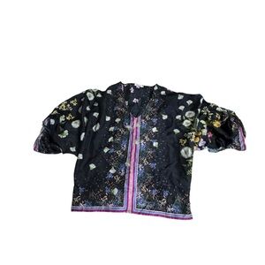 Johnny Was Silk Addy Top in black floral with tassels  on the arms xs WT41